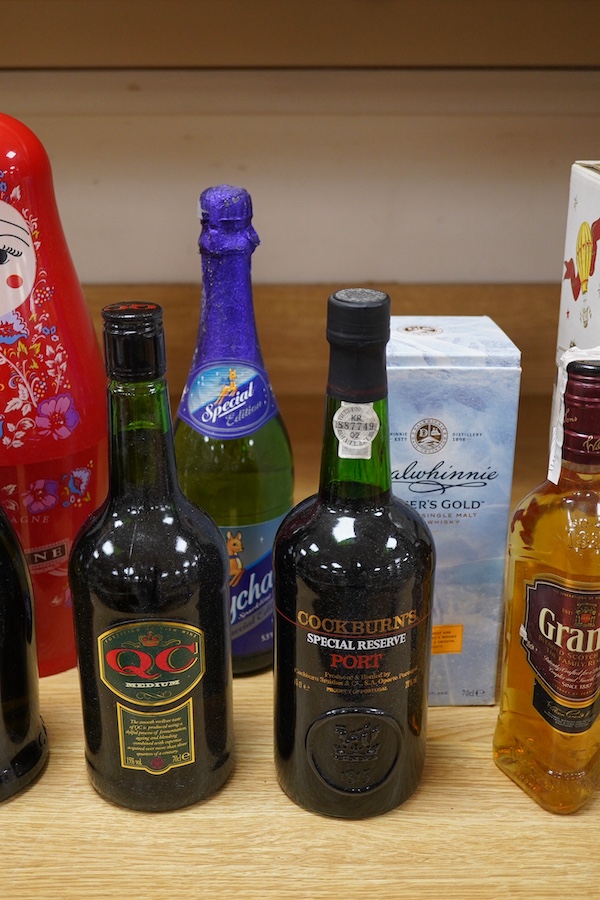 Ten bottles of alcohol to include Canti Prosecco, Cockburns Special Reserve Port and Grants Scotch whisky. Condition - fair, storage history unknown